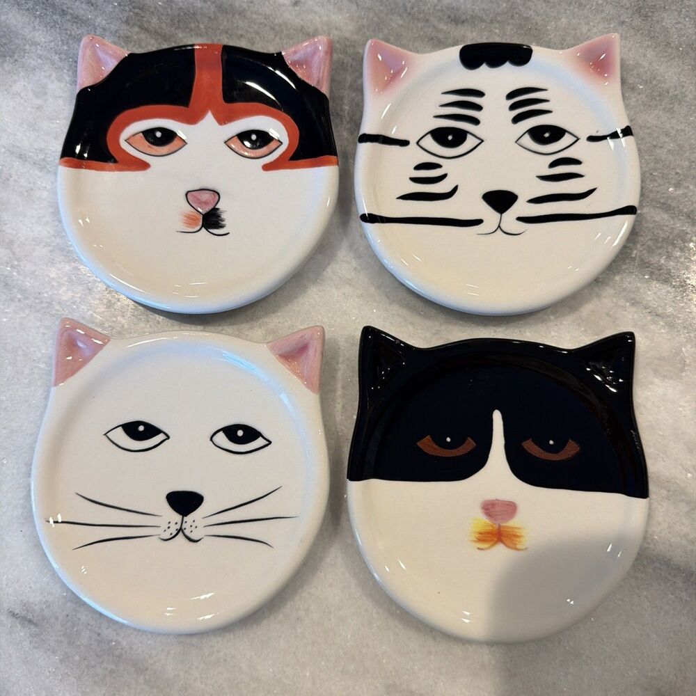 4 Ceramic Cat Coasters -Different Faces - CUTE! - Cats Kitten  4" x 4" Bandwagon